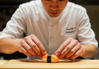 Obraz premium Expert sushi chef meticulously prepares a piece of fresh salmon nigiri sushi with precision and dedication, showcasing traditional Japanese culinary artistry.