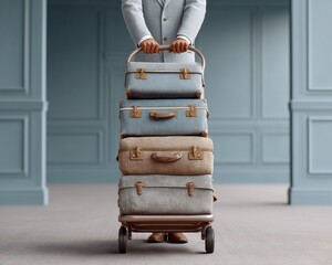 Professional male porter with luxury luggage cart in upscale hotel corridor premium hospitality service for executive marketing and branding content