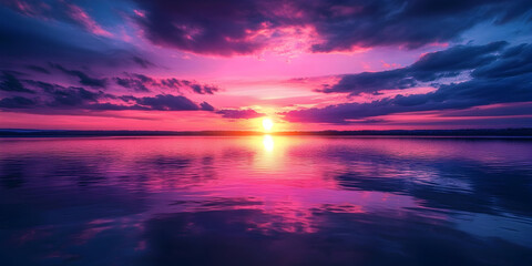 Serene sunset over tranquil lake with colorful reflections