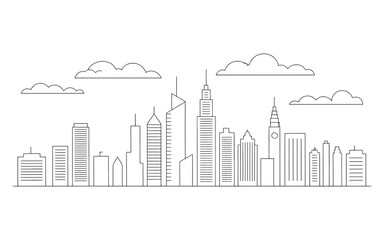 Obraz premium Stylized Cityscape Silhouette with Wispy Clouds A Minimalist Black and White Illustration of an Urban Skyline under a Partially Cloudy Sky