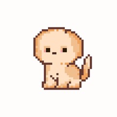 Fototapeta premium 8-bit pixel art brown puppy sitting peacefully, perfect for pet-themed designs, vintage video games, stickers, icons, game asset, wallpaper, template card and background. Simple and cute card.