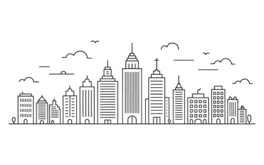 Obraz premium Linear Cityscape Panorama with Skyscrapers and Clouds Black and White Outline Illustration of a Modern Urban Skyline with Trees