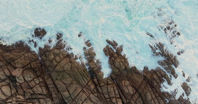 4k Aerial views of rugged rocky coastline in South West Australia at sunset
