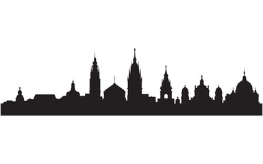 Fototapeta premium Detailed Silhouette of Augsburg Germany Skyline with Iconic Buildings Against White Background, Perfect for Travel and Architectural Designs