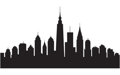 Naklejka premium Striking Silhouette of a Modern City Skyline Featuring Towering Skyscrapers and Urban Architecture Against a Clean White Background