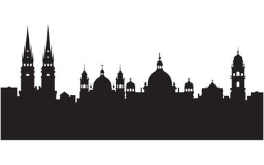 Obraz premium Silhouette of a City Skyline Featuring Prominent Church Towers and Domes Against a Clean White Backdrop Showing Architectural Grandeur