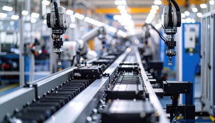 Automated Assembly Line Robotic Arms  Manufacturing Process.