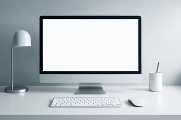 Fototapeta premium Minimalist workspace mockup with blank computer screen, keyboard, lamp, and pen holder on clean white desk against light gray background. Ai generative