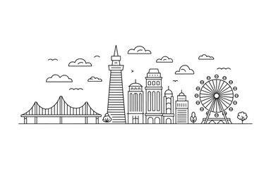 Obraz premium Minimalist Cityscape Illustration Featuring a Bridge Tower Buildings and a Ferris Wheel Set Against a Clean White Backdrop