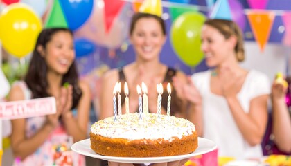 Happy women celebrating birthday cake