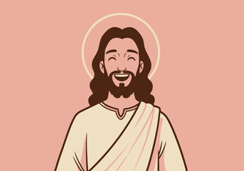 Smiling Jesus Christ Portrait with Halo and Robe on Pink Background.