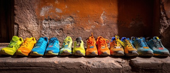 Fototapeta premium Premium Neon Running Shoes and International Race Bibs on Stone Step Modern Global Marathon Preparation with Inspiring Lifestyle Vibes for Social Media Marketing