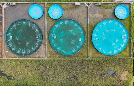 Aerial View of Circular Aquaculture Ponds