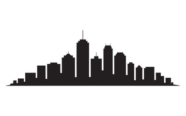 Monochromatic Skyline Silhouette A Minimalist Cityscape Depiction Featuring Various Buildings Against a Clean White Backdrop in Striking Contrast