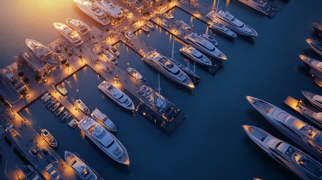 Contemporary marina aerial view showing organized grid of moored vessels, precise scale representation of yacht sizes and berth arrangements, intricate network of access walkways and utility