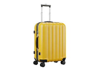 Bright yellow rolling suitcase for travel isolated on transparent background
