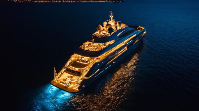 Dynamic aerial perspective of illuminated mega yacht against deep indigo waters, sophisticated light design outlining multiple entertainment decks, beach club platform casting golden glow on gentle