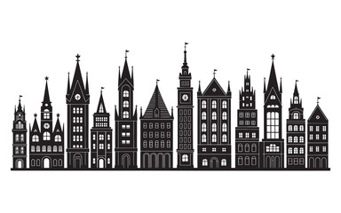 Fototapeta premium Whimsical Cityscape Silhouette A Fantasy Skyline of Architectural Diversity Featuring Towers Spires and Ornate Buildings in Black and White