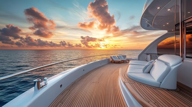 Elegant curved lines custom teak decking luxury motor yacht deck highly polished wood grain detail marine-grade stainless hardware pristine white cushions forward lounge area panoramic tropical