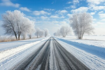Fototapeta premium Frosty Winter Road Through a Snow Covered Landscape with a Bright Blue Sky Above Trees