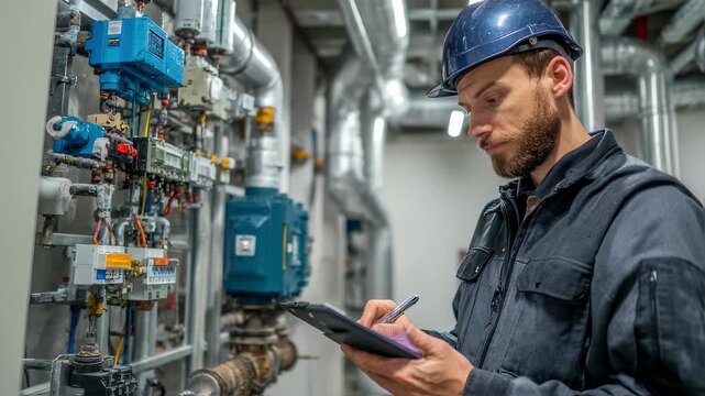 Energy auditor reviews building automation controls on a digital interface verifying system settings and schedules for maximizing energy efficiency in industrial facilities.