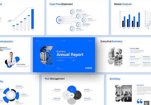 Business Financial Annual Report Presentation Template With Blue Accents