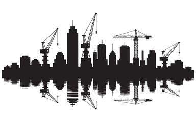 Fototapeta premium City Skyline Silhouette with Construction Cranes A Metropolis Under Development and Reflective Waters Below A Symbol of Urbanization