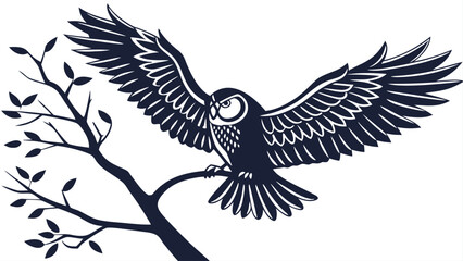 Fototapeta premium Stylized silhouette of an owl perched on a branch with its wings spread wide open design element
