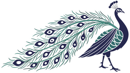 Obraz premium Illustration of a peacock with detailed feathers and a decorative crest walking to the right side silhouette