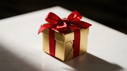 Obraz premium A golden gift box with a red bow, showing elegance against a simple background, conveying the joy and ritual of gifting. 