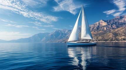 Luxury sailboat cruising peaceful waters, towering rocky mountains in background, pristine white sails catching wind, deep blue ocean reflections, wispy cirrus clouds in clear sky, afternoon golden