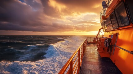 maritime transport vessel outdoor deck, geometric pattern safety railings, marine rescue equipment mounted, anti slip deck material, dynamic cloud formations, crystal clear ocean water, afternoon