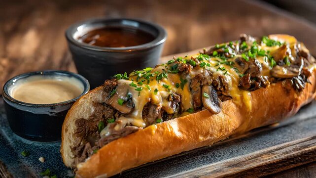 A close-up shot of a Cheesesteak sandwich delicious Cheesesteak video philly Cheesesteak sandwich close up video melted cheese on a bun video Cheesesteak product videography