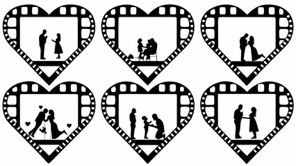 Silhouette heart shaped film strips showing different stages of love and relationships in black and white design