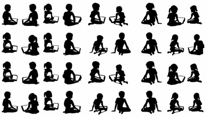Silhouette of children sitting and using laptops in a grid pattern on a white background image view