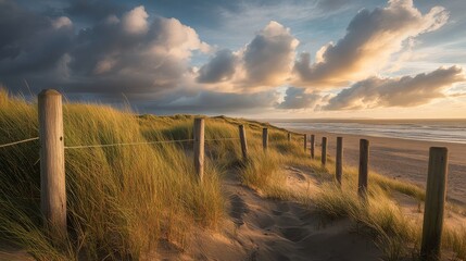 seaside conservation area wooden post fence line rising sand dunes native coastal vegetation dramatic cumulus clouds gathering mysterious atmospheric sky untouched beach environment professional