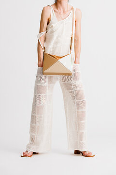 Stylish Minimalist Fashion Outfit with Beige Geometric Handbag