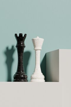 3D black rook and white queen chess pieces on pastel background