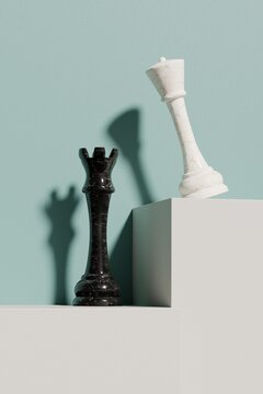 3D black rook and white queen chess pieces on pastel background