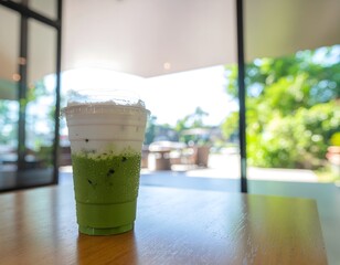 Iced matcha latte in a cafe with a view of a sunny outdoor garden.