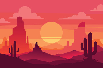Photo of vibrant desert landscape with towering cacti silhouetted against a warm sunset sky, capturing the serene beauty of the arid wilderness