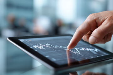 Corporate Worker Using Tablet to Review Financial Graphs and Business Intelligence Reports