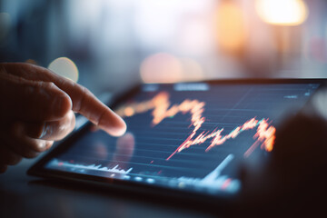 Close-Up of Businessperson Holding Tablet Device with Corporate Dashboard and Data Analytics Display