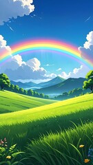 Obraz premium Vibrant rainbow arching across a bright blue sky over lush green rolling hills with mountains in the distance and fluffy white clouds, scenic landscape imagery