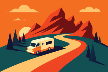 Photo of a scenic road trip with a camper van driving through a mountainous landscape at sunset, perfect for adventure and outdoor enthusiasts