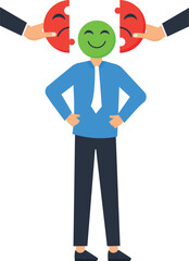 Conceptual illustration of a person with a happy face and puzzle pieces, representing emotions and feelings,s, human emotions, emotional balance, mental health, clean design, simple design, white