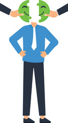 Businessman with a smiling face puzzle, hands holding pieces, blue shirt and white tie, white background,minimalist aesthetic, central figure, business attire, flat design, cartoon character, happy 