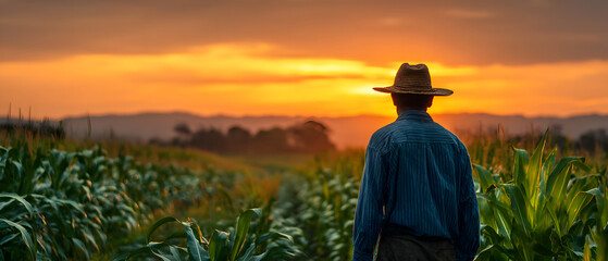 The farmer tending to corn in a vibrant sunset field.