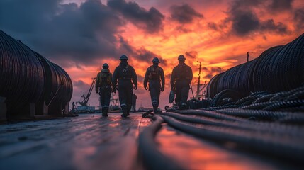 Industrial Silhouette: Workers Walking on Dock at Dramatic Sunset Scene Landscape