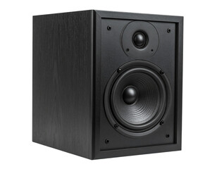 Obraz premium Angled Side View of Dual-Driver Black Audio Speaker with Glossy Finish, Isolated